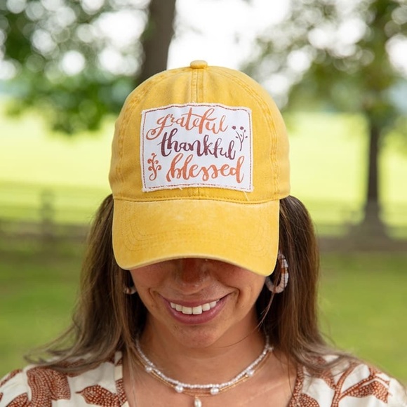 Yellow Cap with Inspirational Embroidery Mustard Thankful Patch Hat - Picture 1 of 10